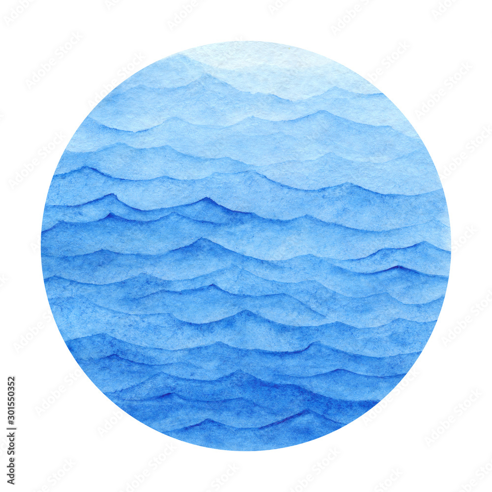 Watercolor waves in a circle. Watercolor blue background