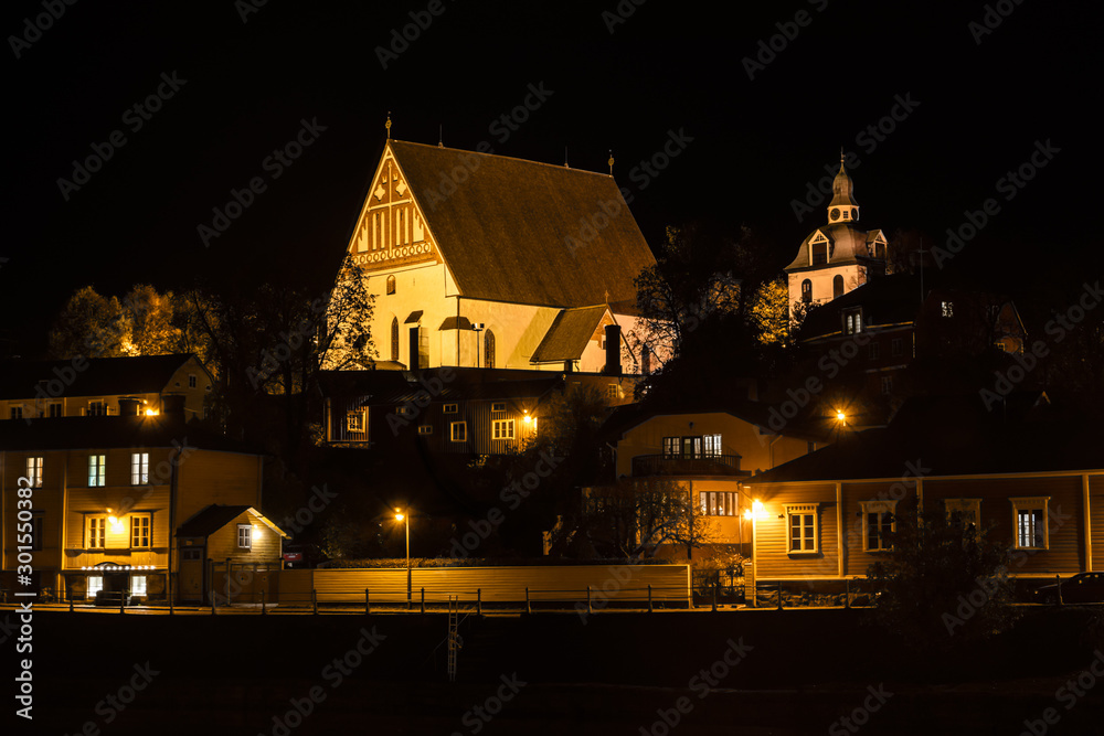 Night view of old Porvoo at autumn, Finland.