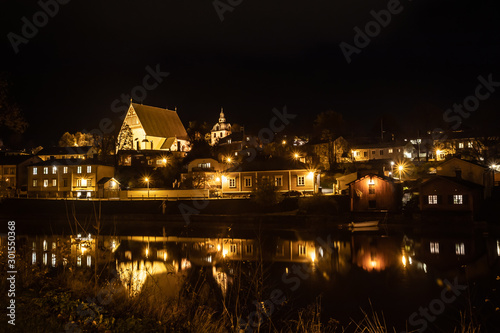 Night view of old Porvoo at autumn, Finland.