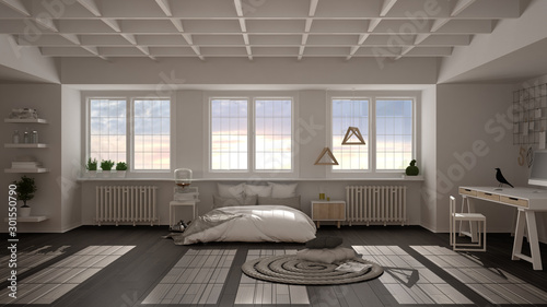Hygge nordic scandinavian bedroom with big panoramic windows  double bed with duvet and pillows  parquet  carpet  home workplace with computer  bedside tables  interior design idea