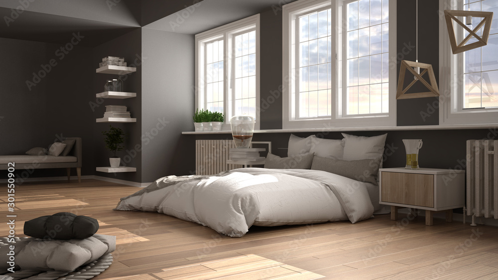 Hygge nordic scandinavian bedroom with big panoramic windows, double bed with duvet and pillows, parquet, carpet, sofa bench, shelves with decors, bedside tables, interior design idea