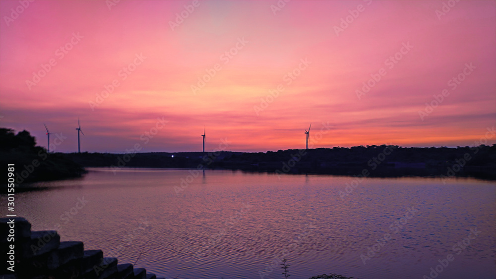 View of the beautiful sunset at Vadsar lake in Wankaner, Gujarat, India