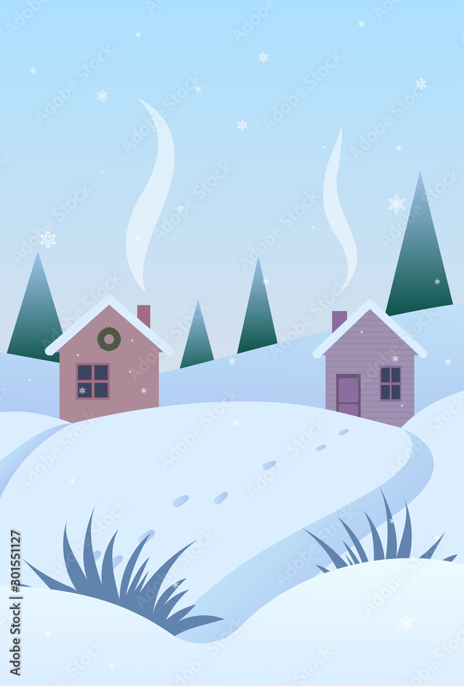Vector illustration. Winter landscape with houses, trees, and snow.Frost morning. Holidays postcard for Christmas and new year greetings