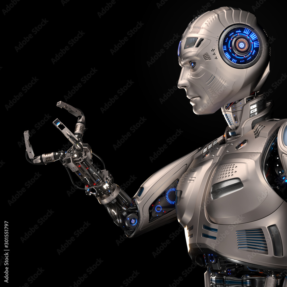 Detailed futuristic robot or humanoid cyborg looking at his new robotic  claw or special industrial arm designed for advanced works and unusual  jobs. Isolated on black background. 3d render ilustración de Stock