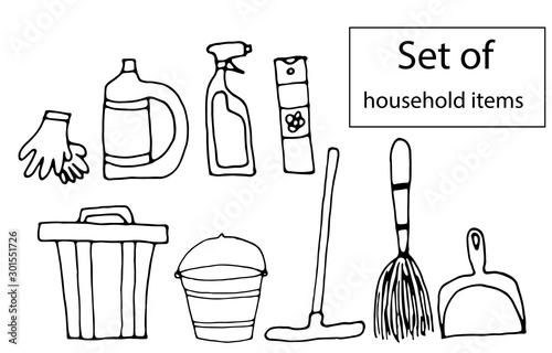 Set of freehand drawn household supplies. Vector doodle with bucket, mop, broom and cleaning items.