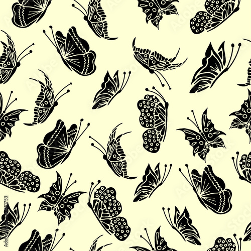 Seamless pattern with fluttering and beautiful butterflies on a led yellow background. Vector doodle