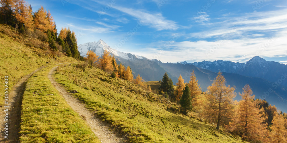 Bergstraße durch eine Herbstlandschaft im Zillertal als Panorama