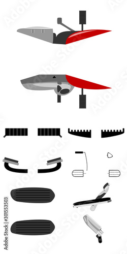 Motorcycle foot pegs front, rear, side and top view isolated vector illustration