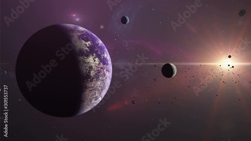 Distant Alien Planet. Alien Exoplanet With Two Moons and Sun. Foundation, The Expanse, Star wars, Dune, Star Trek