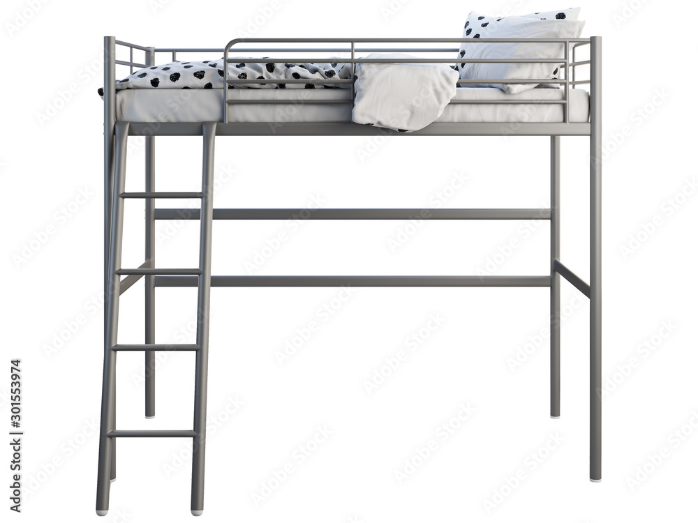 Scandinavian children's metal frame bed loft with white linen. 3d render Scandinavian children's metal frame bed loft with white linen. 3d render