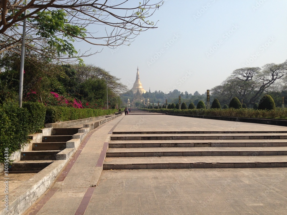 Shwedagon Pagoda in the Distance and Stairs in the Park