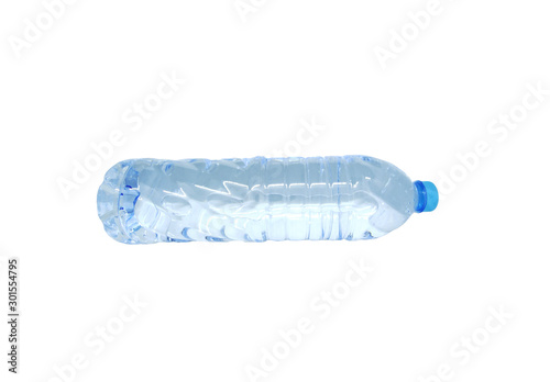 Single plastic water bottle isolated on a white background