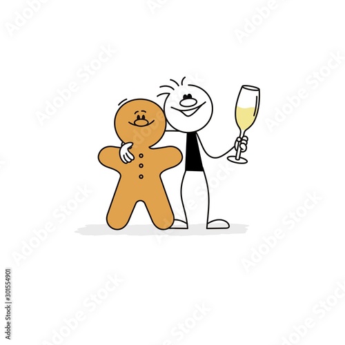 Doodle stick figure: Businessman with wineglass and Gingerbread man. 
