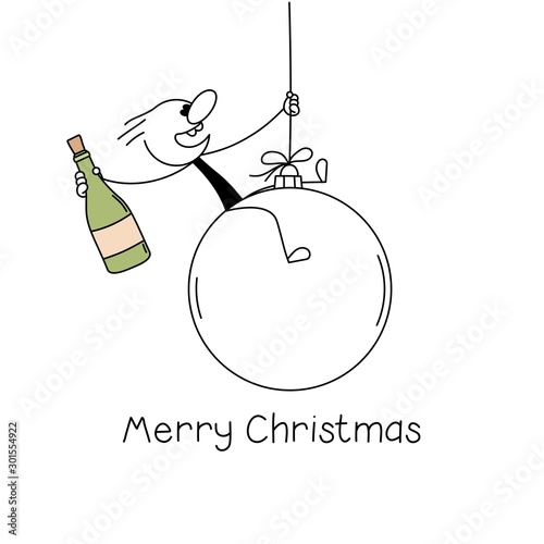 Doodle stick figure: Little man sits on a Christmas Ball with champagne bottle.