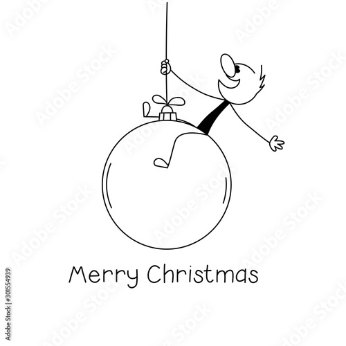 Doodle stick figure: little man swinging a Christmas ball.