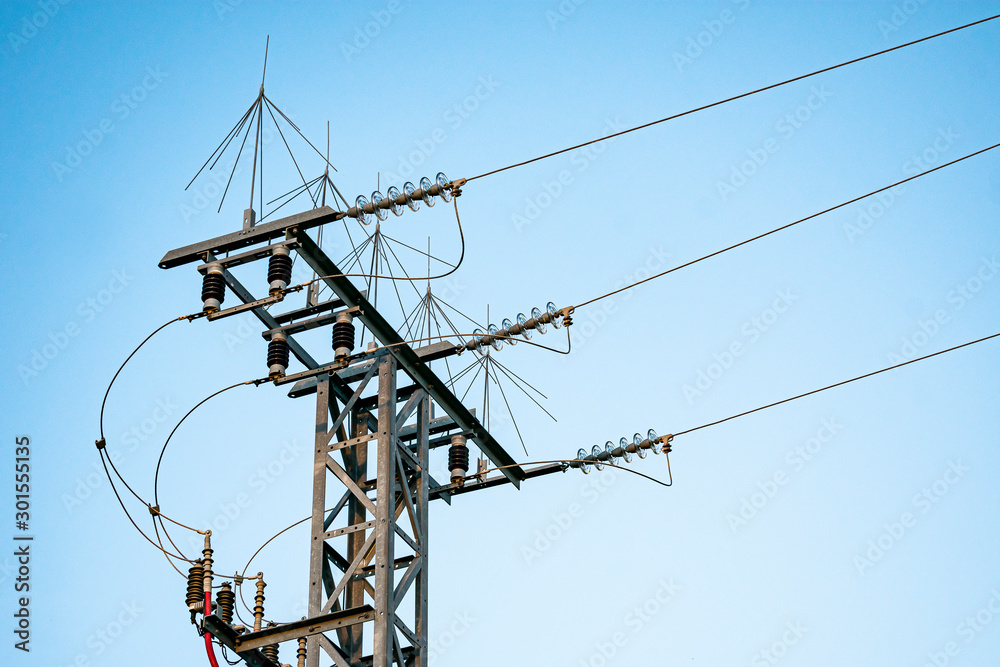 electricity turret in the foreground with view of the wiring and connection elements electricity turret in the foreground with view of the wiring and connection elements