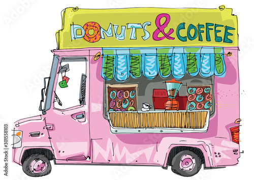 A traditional street food truck specialized at coffee and donuts. Caricature. Cartoon.