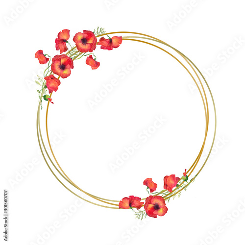 golden circle frame with red poppies, watercolor illustration on a white background . wreath with red flowers