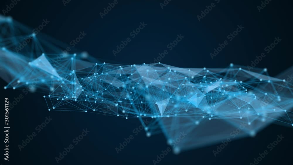 Abstract plexus of moving glowing dots and lines. Network or digital connection. Technology background. 3d rendering. 4K. Technology in blue. Hi-tech
