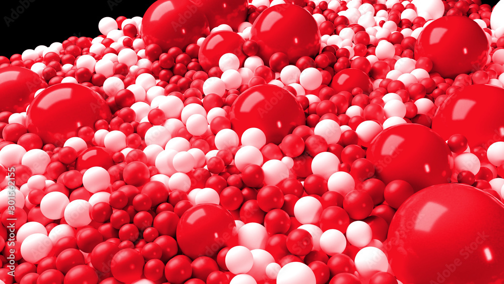beautiful shiny red white balls of different colors and sizes completely cover the surface. Some spheres glow. 3d photorealistic render geometric reative holiday background of shiny balls