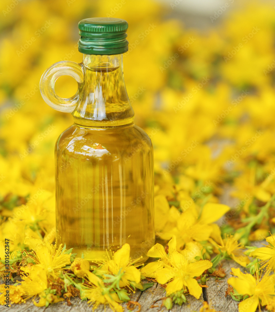 Oil in a glass bottle, with a background of St. John's wort Oil in a glass bottle, with a background of St. John's wort