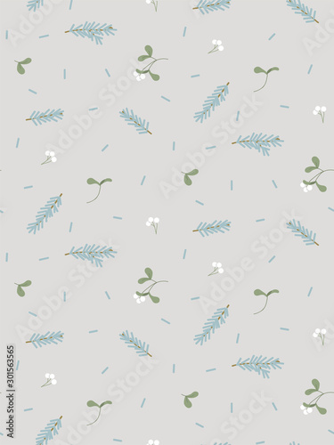 ПечатьNew Year seamless pattern. Mistletoe berries and Christmas tree branches with needles. Winter, christmas illustration.