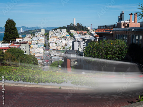 The worlds famous Lombard Street in San Francisco with long exposure moving cars