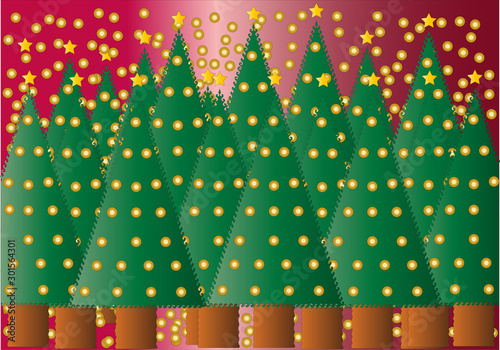 Bosque de pinos de navidad con bolas doradas.