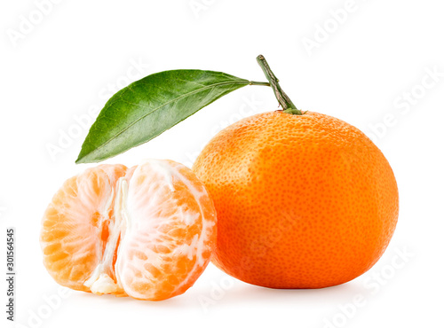 Ripe mandarin with leaf and peeled half on white background. Isolated
