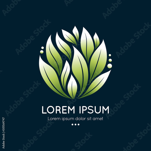 Green leaves logo template with abstract vector elements. Can be used for emblem and monogram. Great for invitation, flyer, menu, brochure, background or any desired idea.