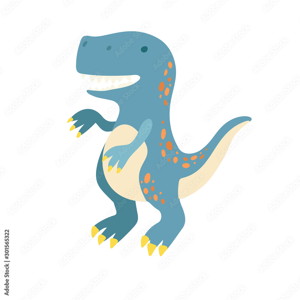 Fototapeta premium Flat cartoon style cute dinosaur. Vector illustration for kids fashion, card or poster best for children room decoration, kids dino party designs.