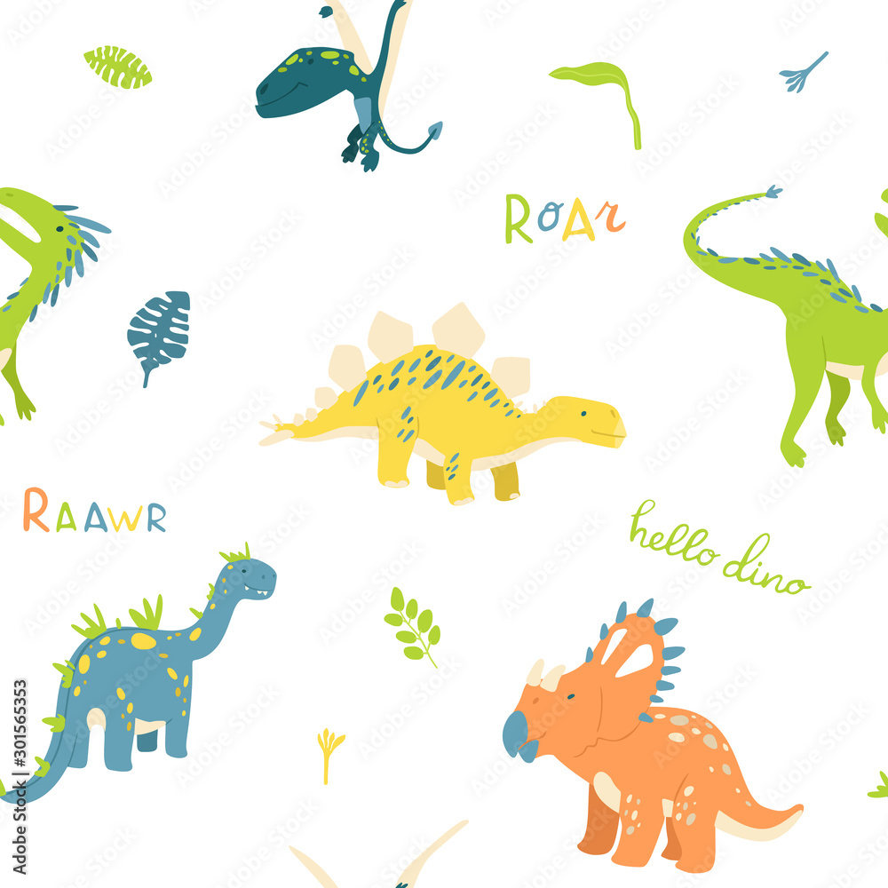 Flat cartoon style dinosaur seamless pattern. Best for kids fashion, children room decoration, kids dino party designs.