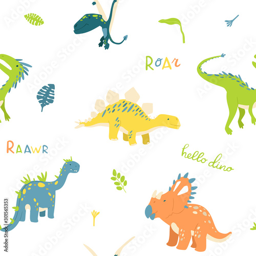 Flat cartoon style dinosaur seamless pattern. Best for kids fashion, children room decoration, kids dino party designs.