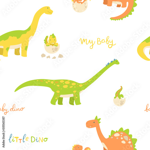 Flat cartoon style dinosaur seamless pattern. Best for kids fashion, children room decoration, kids dino party designs.
