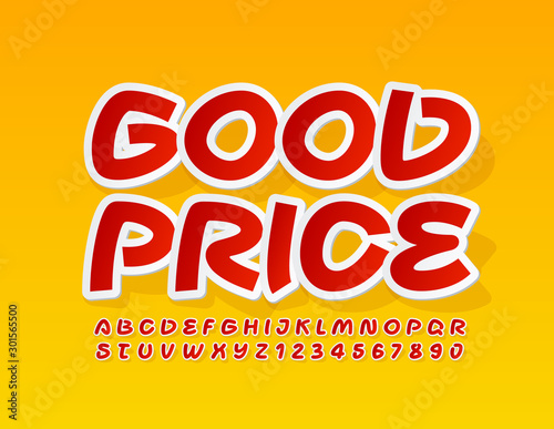 Vector colorful poster Good Price. Red and White Uppercase Font. Bright Creative Alphabet Letters and Numbers.