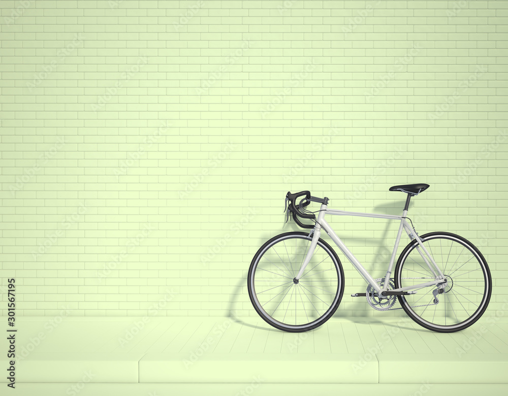 White bicycle in the lower right corner of the frame 3d rendering. 3d illustration ecological urban transport. Vintage bicycle in the room against wall. Copy space. green background. White bicycle in the lower right corner of the frame 3d rendering. 3d illustration ecological urban transport. Vintage bicycle in the room against wall. Copy space. green background.
