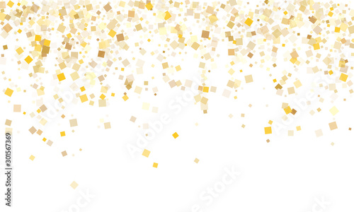 Chaotic gold square confetti tinsels flying on white. Glittering New Year vector sequins background. Gold foil confetti party particles pattern. Square pieces party background.
