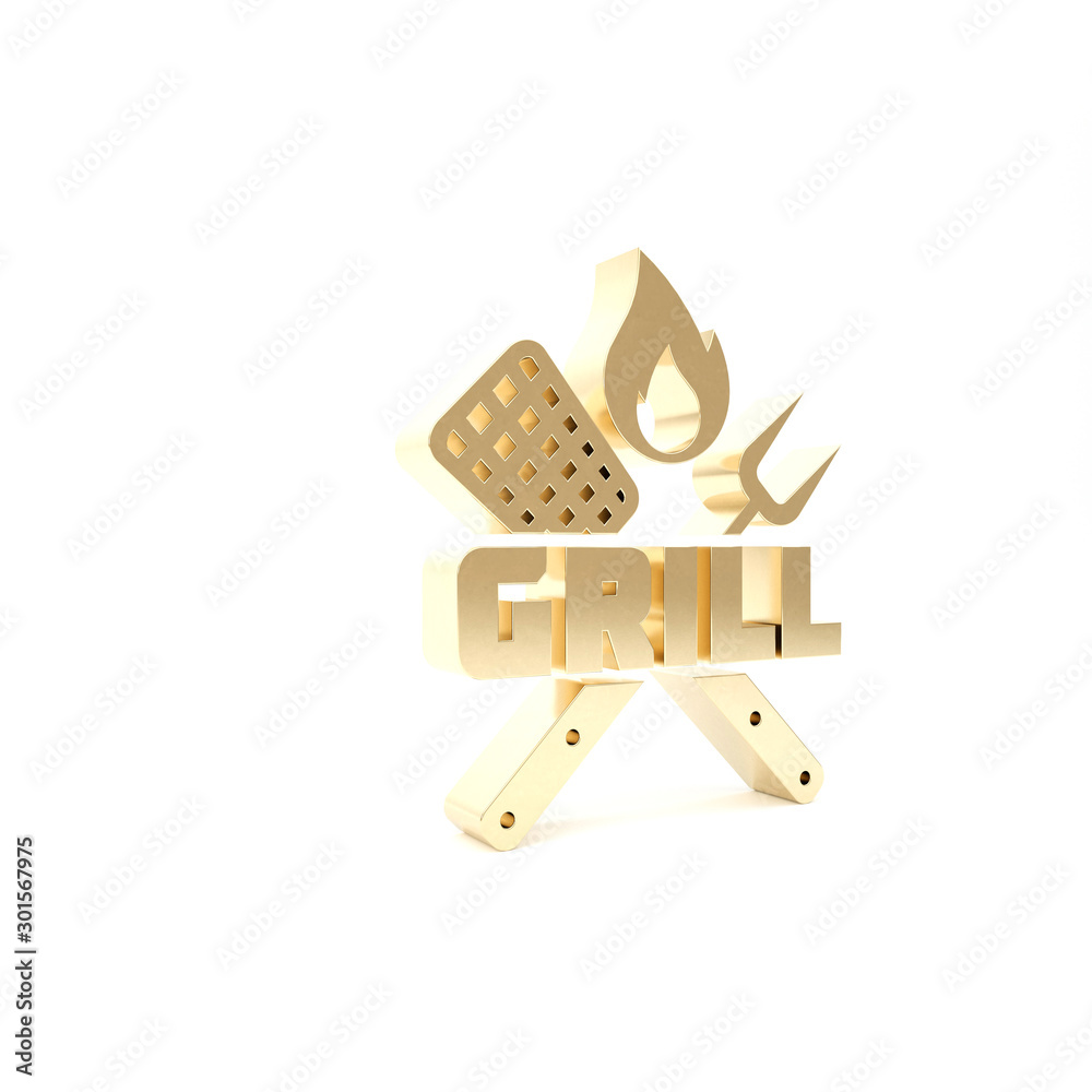 Gold Crossed fork and spatula icon isolated on white background. Fire ...