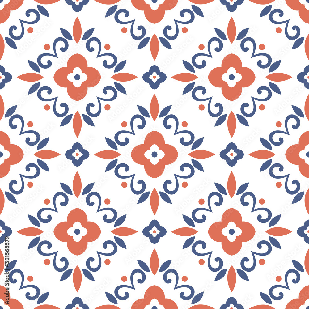 Orange and blue luxury ornament seamless pattern. Traditional Turkish, Indian motifs. Great for fabric and textile, wallpaper, packaging or any desired idea.