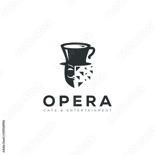logo opera cafe and entertainment, with the mask broke and hat mug vector
