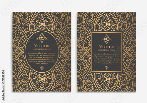 Black luxury invitation card design with gold vintage ornament template. Can be used for background and wallpaper. Elegant and classic vector elements great for decoration.