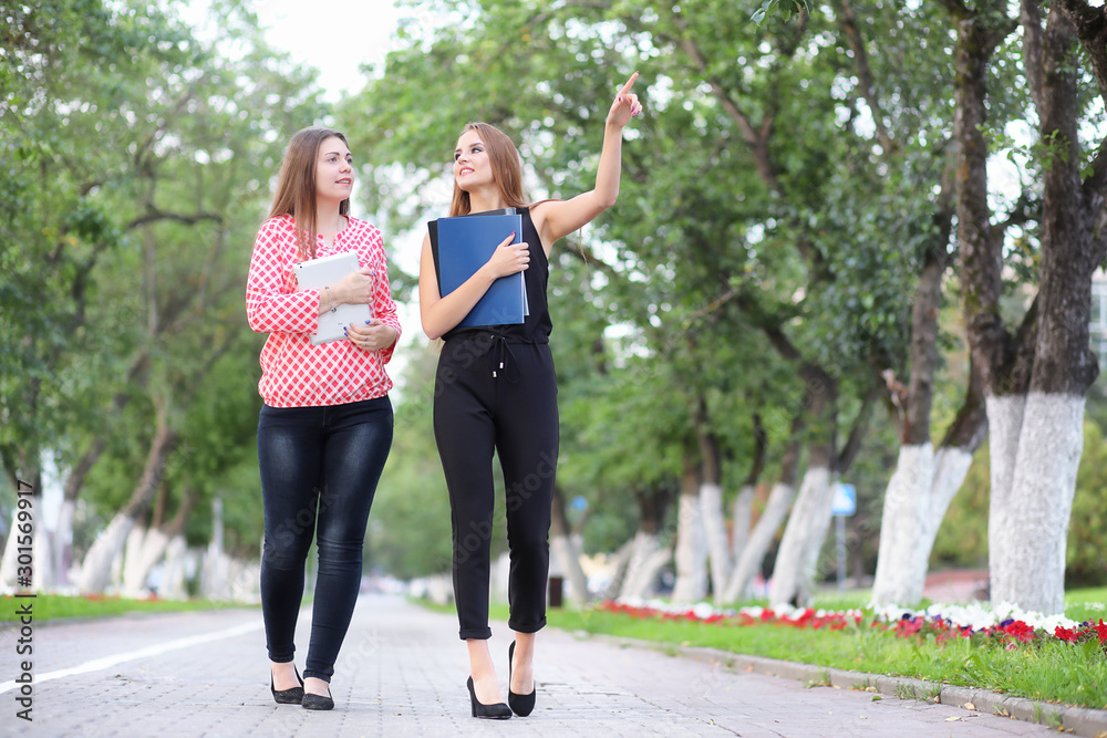 Business meeting of two girls in the park