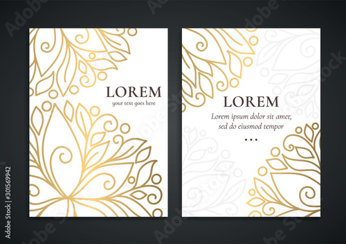 White and gold luxury invitation card design. Vintage ornament template. Can be used for background and wallpaper. Elegant and classic vector elements great for decoration.