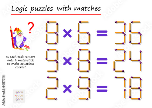 Logical puzzle game with matches. In each task remove only 1 matchstick to make equations correct. Math tasks on multiplication. Printable page for brain teaser book. Vector image.