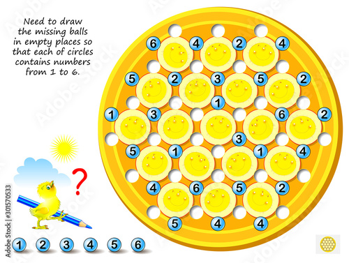 Logical puzzle game for children and adults. Sudoku for kids. Need to draw missing balls in empty places so that each of circles contains numbers from 1 to 6. Printable page for brain teaser book.