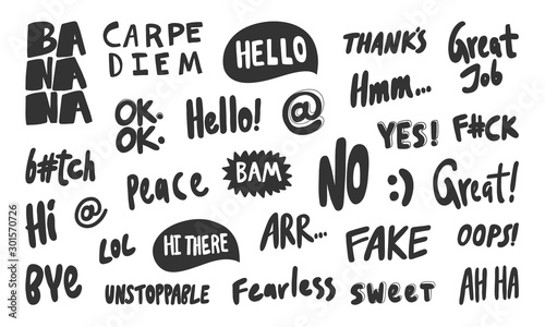 Banana, hello, no, fake, great, oops, hi, peace, thanks, bye, lol, sweet, ha ha, ok, yes. Vector hand drawn illustration collection set with cartoon lettering.  photo