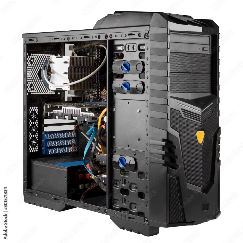 open system unit isolated, computer case with side panel detached, letting  you see all the gaming components inside, including graphics card, CPU  watercooler and motherboard Stock Photo | Adobe Stock