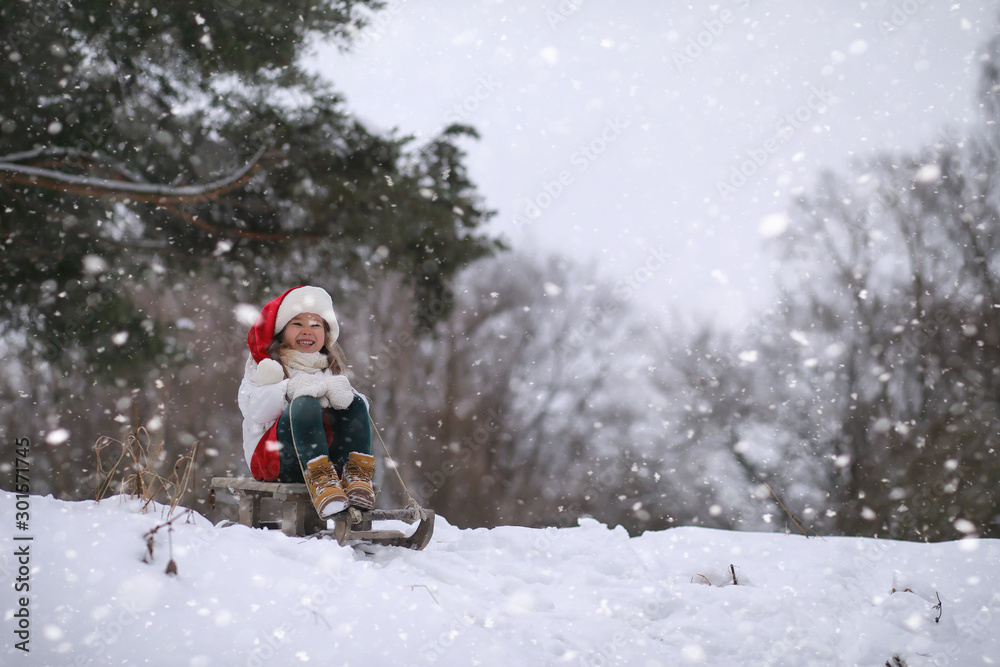 A winter fairy tale in the forest. A girl on a sled with gifts on the eve of the new year in the park. Two sisters walk in a New Year's park and ride a sled with gifts.