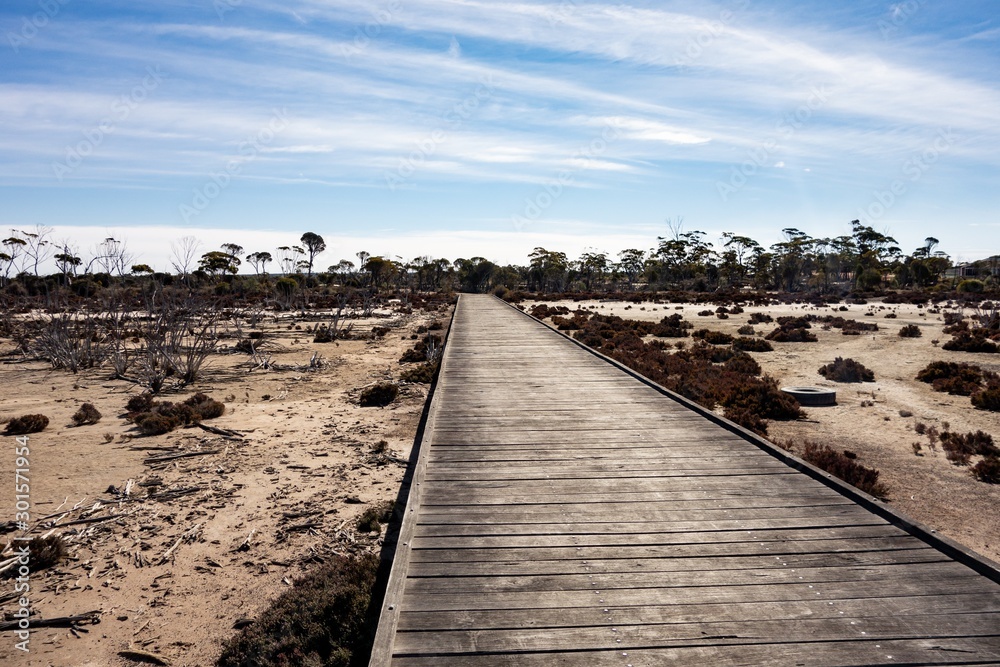 The wooden bridge path above a desert in Western Australia with a dried lake near Hyden, Wave Rock