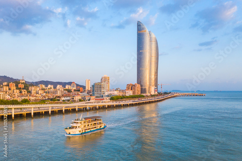 Panorama view of the Conrad Xiamen, Twin Towers/xiamen World Trade in Straits , including the Conrad Xiamen hotel, overlooking the South China Sea in Xiamen (Amoy), China.